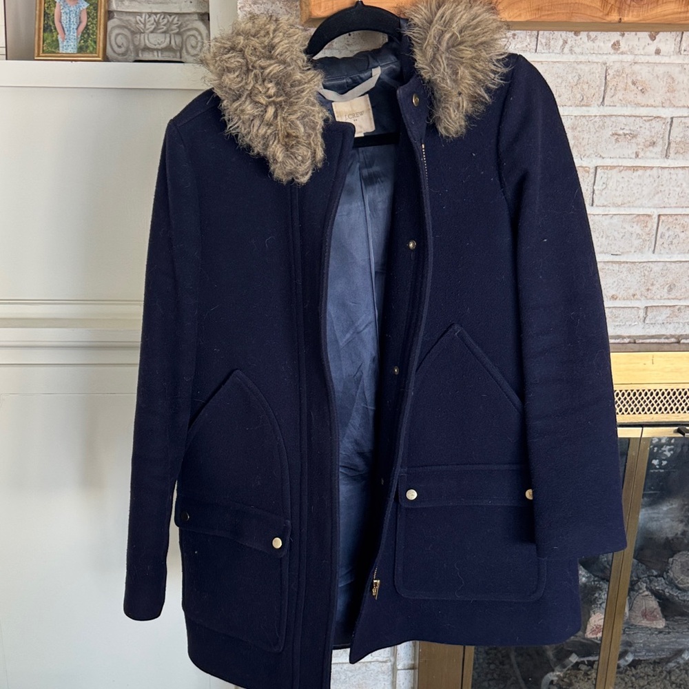 JCrew Navy Coat with Faux Fur Collar